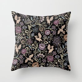 Pollinator Dragons - fantasy, goth floral - muted jewel tones on black Throw Pillow