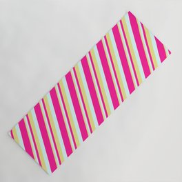 [ Thumbnail: Tan, Light Cyan & Deep Pink Colored Striped Pattern Yoga Mat ]