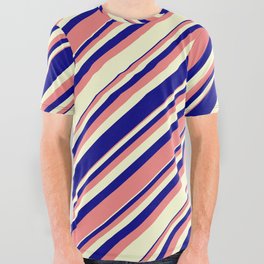 [ Thumbnail: Light Coral, Light Yellow, and Blue Colored Lined/Striped Pattern All Over Graphic Tee ]