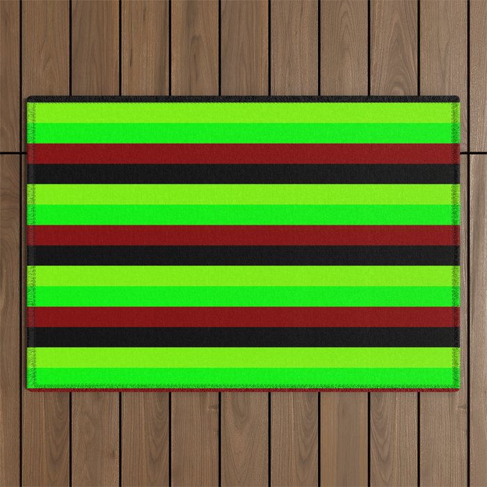 Green, Lime, Maroon & Black Stripes Pattern Outdoor Rug