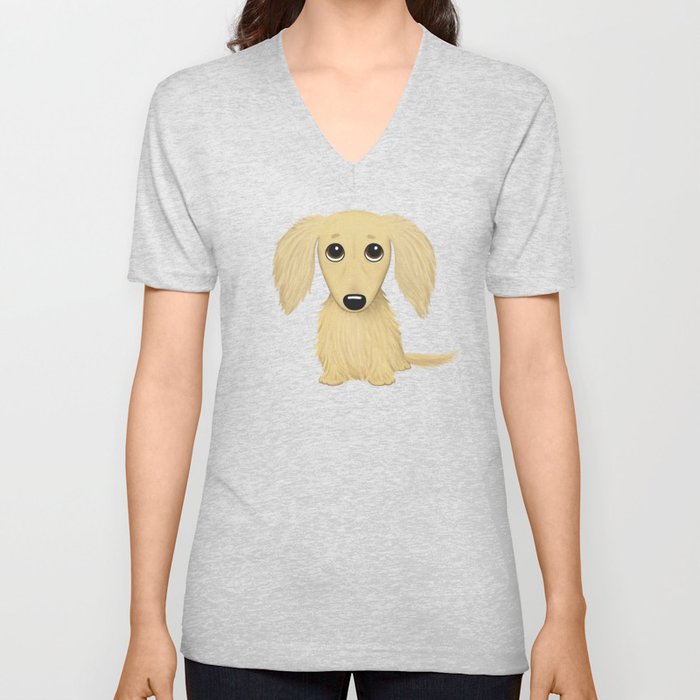 Longhaired Cream Dachshund Unisex V Neck By Mylifeisacartoon