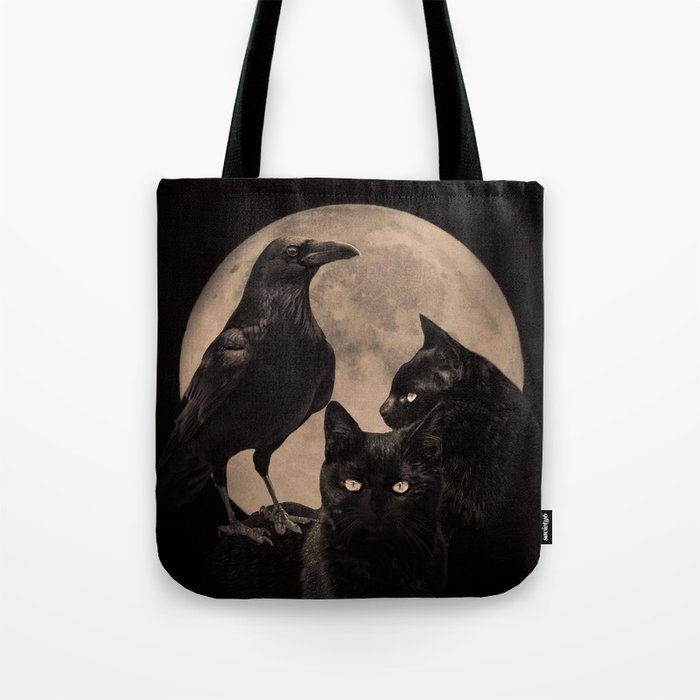 Moon, Raven and Black Cat Magick with Moon Tote Bag