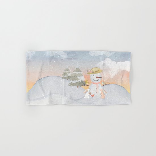 Winter Wonderland- Snowman birds and bunnies - Watercolor illustration Hand & Bath Towel