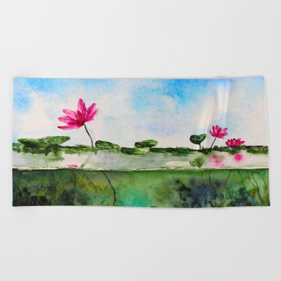 Lotus pond Beach Towel