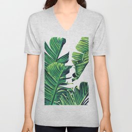 Banana Tree Leaves | Tropical Jungle Bohemian Painting | Vintage Botanical Watercolor Plants V Neck T Shirt