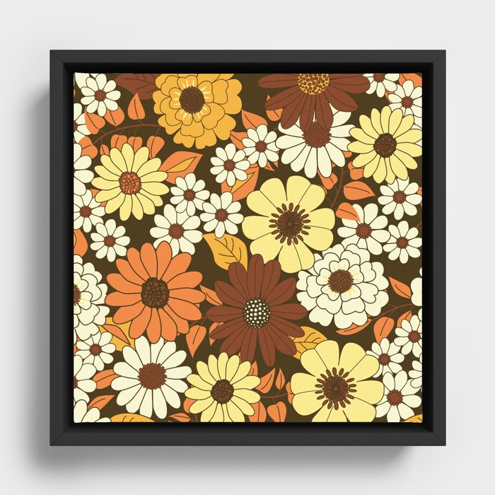 Brown, Orange, Ivory & Yellow Retro Flower Pattern Framed Canvas