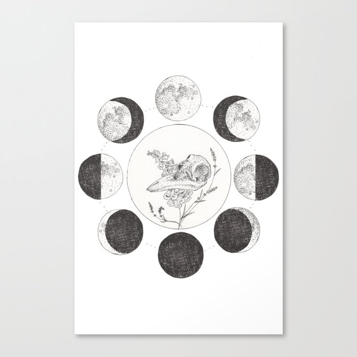 Raven Skull with Moon Cycle Canvas Print