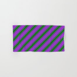 [ Thumbnail: Dark Orchid and Green Colored Striped Pattern Hand & Bath Towel ]