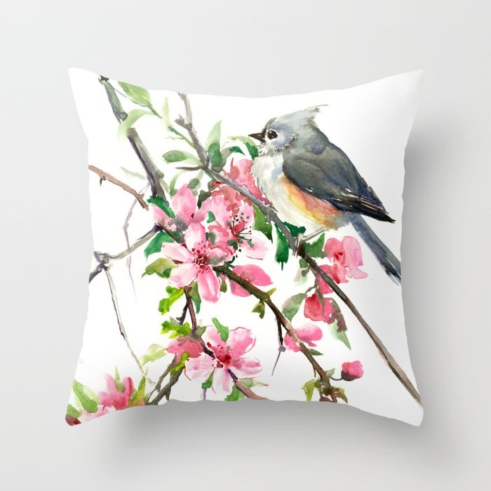 Titmouse and Cherry Blossom, birds and flowers design artwork Throw Pillow