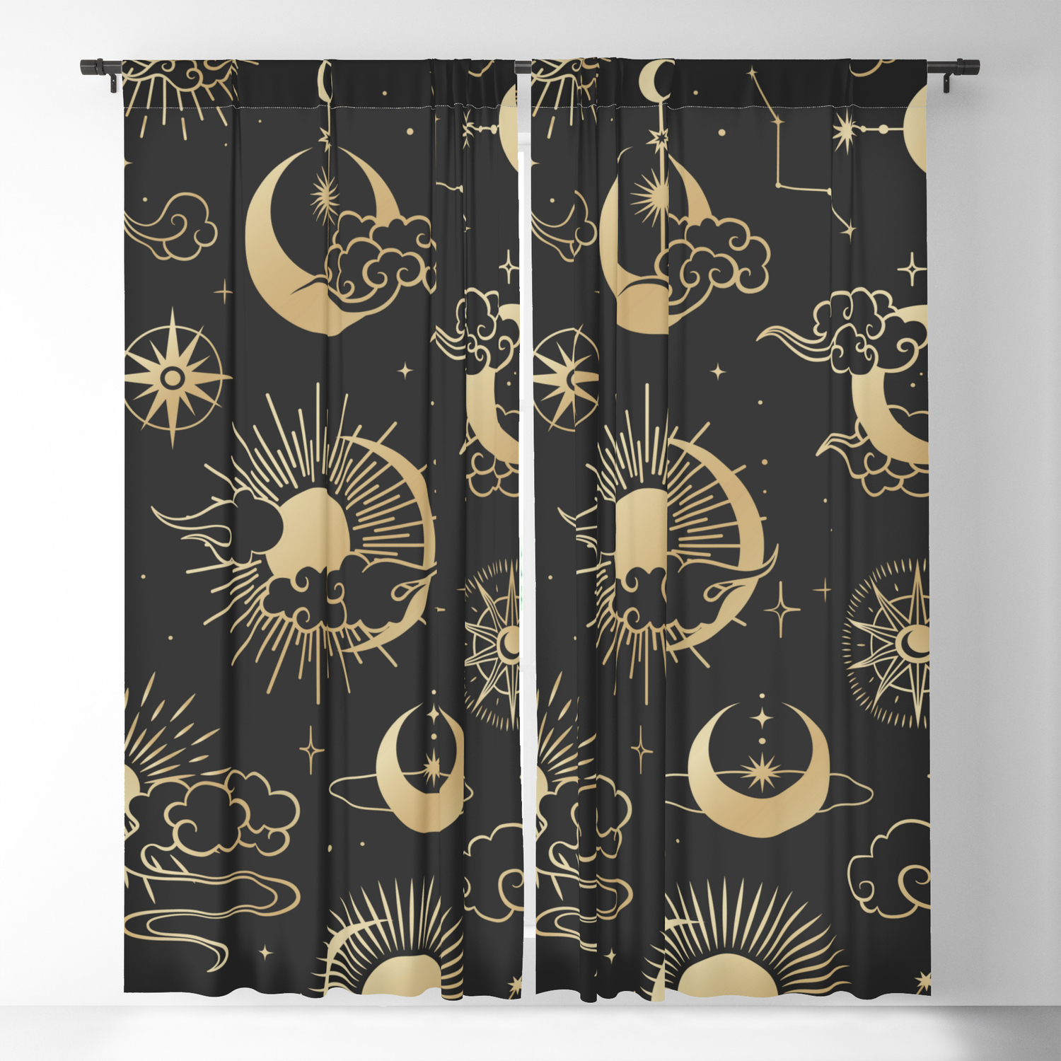 SUN AND MOON BLACK GOLD 66" x 72" PENCIL PLEAT CURTAINS & MATCHING TIE BACKS 