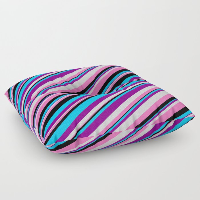 Eyecatching Deep Sky Blue, Purple, Light Grey, Hot Pink, and Black Colored Lined Pattern Floor Pillow