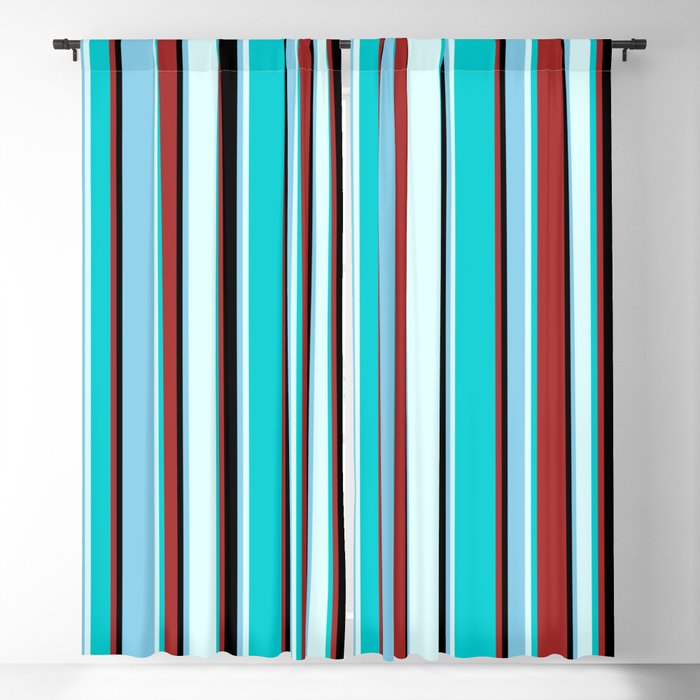 Brown, Dark Turquoise, Light Cyan, Sky Blue, and Black Colored Lines/Stripes Pattern Blackout Curtain