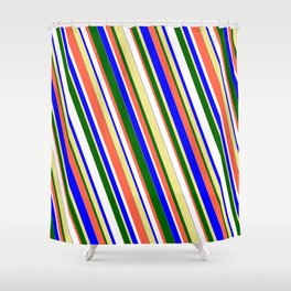 [ Thumbnail: Vibrant Blue, Tan, Dark Green, Red, and White Colored Stripes/Lines Pattern Shower Curtain ]