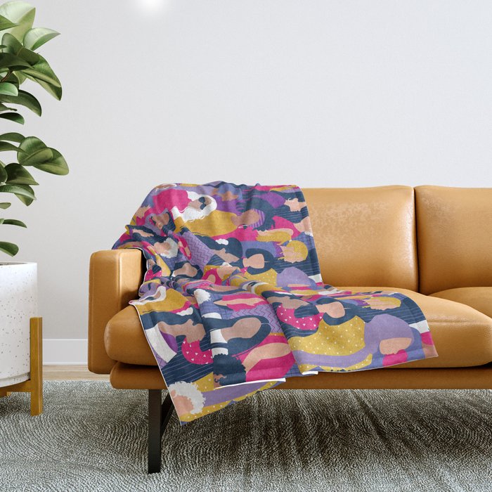 Every day we glow International Women's Day // midnight navy blue background purple, violet, very peri fuchsia pink and gold humans  Throw Blanket