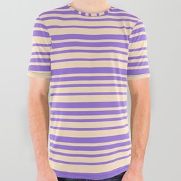 [ Thumbnail: Bisque & Purple Colored Lines/Stripes Pattern All Over Graphic Tee ]