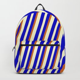 [ Thumbnail: Light Yellow, Blue & Chocolate Colored Lined/Striped Pattern Backpack ]