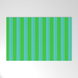[ Thumbnail: Turquoise and Lime Green Colored Pattern of Stripes Welcome Mat ]