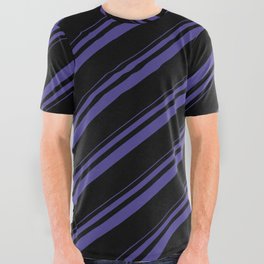 [ Thumbnail: Dark Slate Blue and Black Colored Striped Pattern All Over Graphic Tee ]