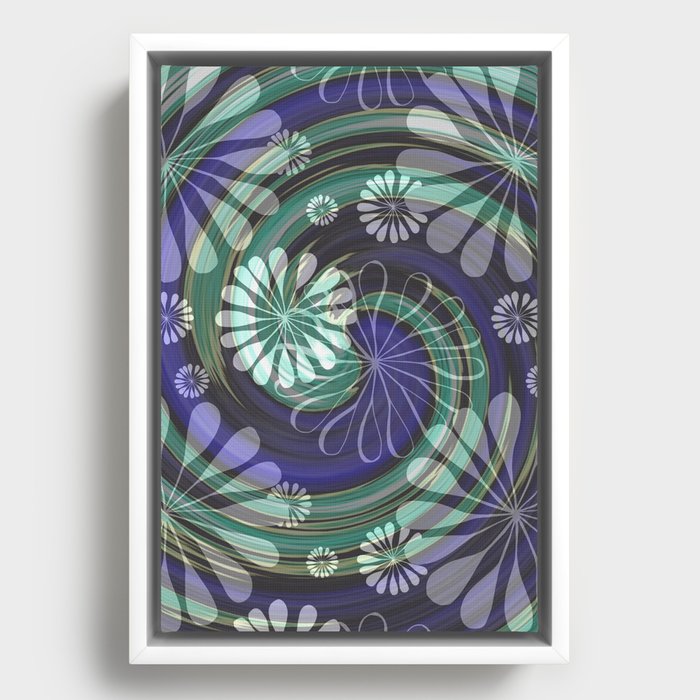 Floating White Flowers Over Green and Purple Swirls Framed Canvas