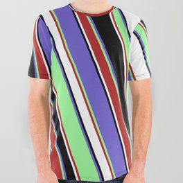 [ Thumbnail: Vibrant Green, Red, White, Black & Slate Blue Colored Lined Pattern All Over Graphic Tee ]
