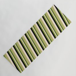 [ Thumbnail: Green, Dark Khaki, Beige & Black Colored Stripes/Lines Pattern Yoga Mat ]