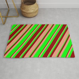 [ Thumbnail: Dark Salmon, Lime, and Dark Red Colored Lines Pattern Rug ]