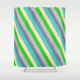 [ Thumbnail: Eyecatching Grey, Light Slate Gray, Turquoise, Beige & Lime Green Colored Stripes/Lines Pattern Shower Curtain ]