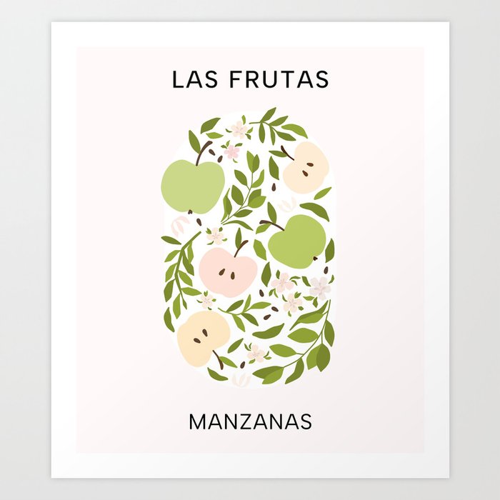 Las Frutas: Manzanas - Fruit and flower market poster with apples, blossoms, and leaves Art Print