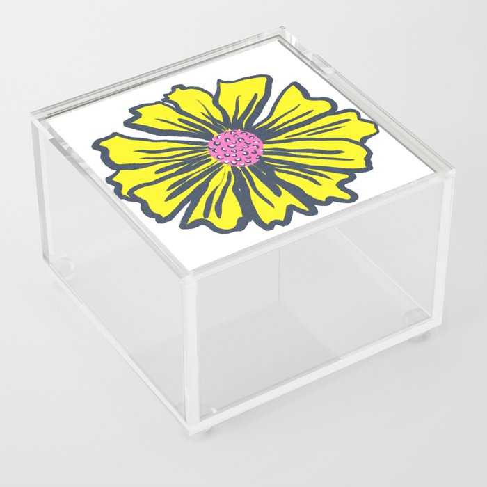 Mid-Century Modern Giant Bright Yellow Daisy Flower On White With Hot Pink Retro Focal Point Art Acrylic Box