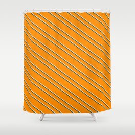 [ Thumbnail: Dark Orange, Beige, and Dark Slate Gray Colored Striped Pattern Shower Curtain ]