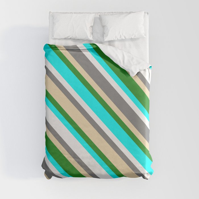 Colorful Grey, Tan, Forest Green, Aqua & White Colored Pattern of Stripes Duvet Cover