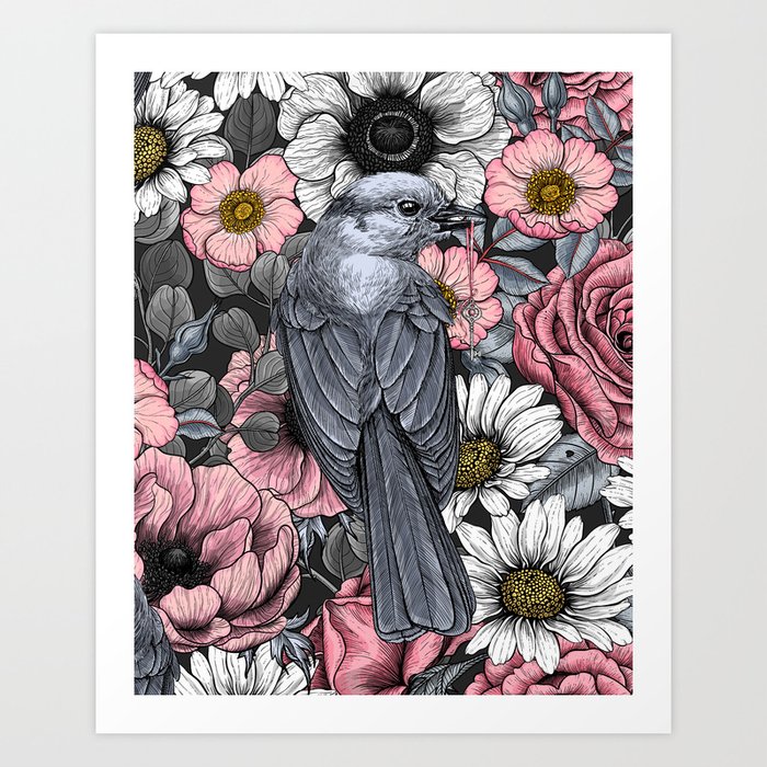 Gray jays and flowers Art Print