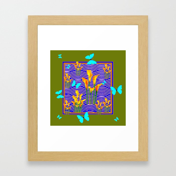 Moss Green Blue-Gold  Butterfly Floral Art Framed Art Print