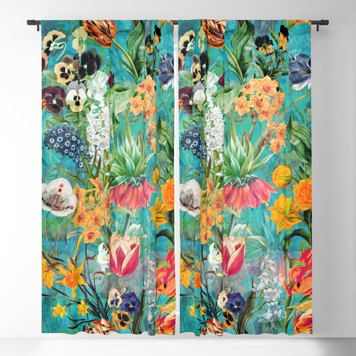 Vintage & Shabby Chic - Summer Blue Turquoise Botanical Spring Garden Meadow Blackout Curtain