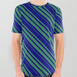 [ Thumbnail: Blue & Sea Green Colored Lines/Stripes Pattern All Over Graphic Tee ]