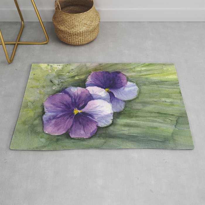 Purple Pansies Watercolor Flowers Painting Violet Floral Art Rug