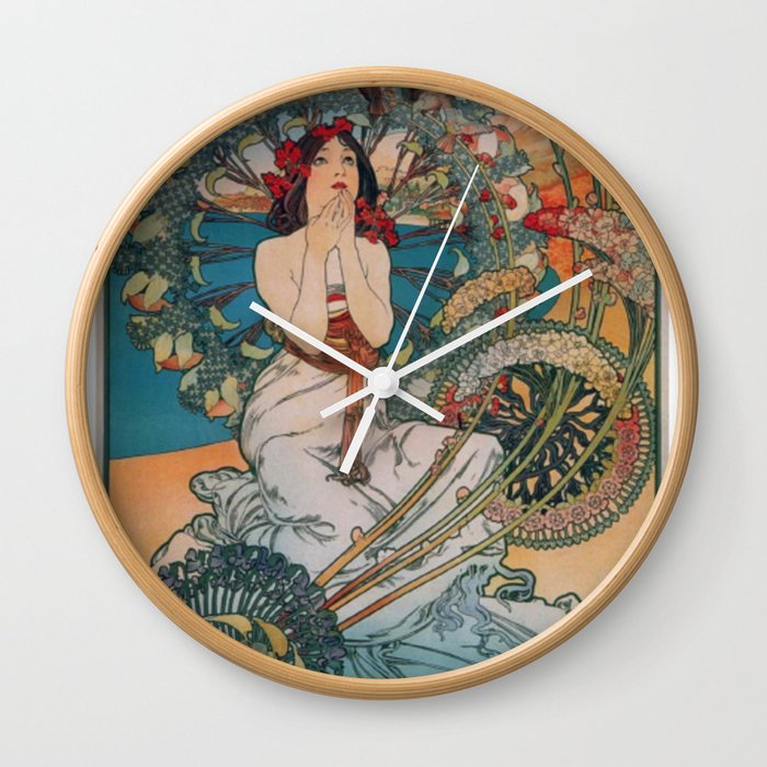 Woman Monaco Monte Carlo Mucha Colorful Artwork Art Nouveau Reproduction Wall Clock
