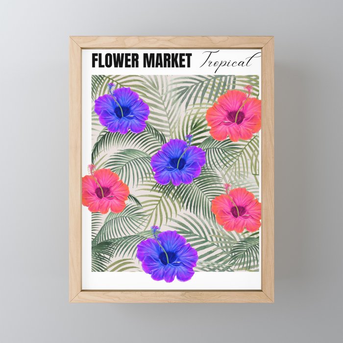 Tropical Flower Market Pink Blue Hibiscus & Palm Leaves Framed Mini Art Print