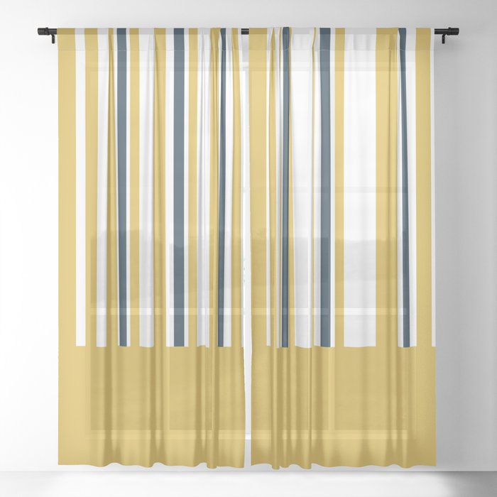 Mustard Yellow Navy Blue and White Half Stripe Color Block Pattern Sheer Curtain