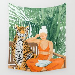 Jungle Vacay | Modern Bohemian Blonde Woman Tropical Travel | Leopard Wildlife Forest Reader Wall Tapestry