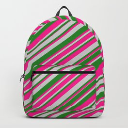 [ Thumbnail: Deep Pink, Light Grey, and Forest Green Colored Lines Pattern Backpack ]