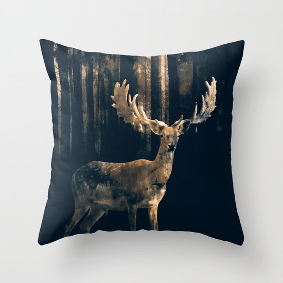 Deer in the dark forest Throw Pillow