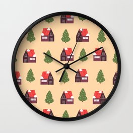 Cute House And Christmas Tree Print Pastel Color Pattern Wall Clock