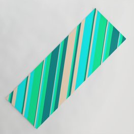 [ Thumbnail: Green, Dark Cyan, Bisque, and Aqua Colored Pattern of Stripes Yoga Mat ]