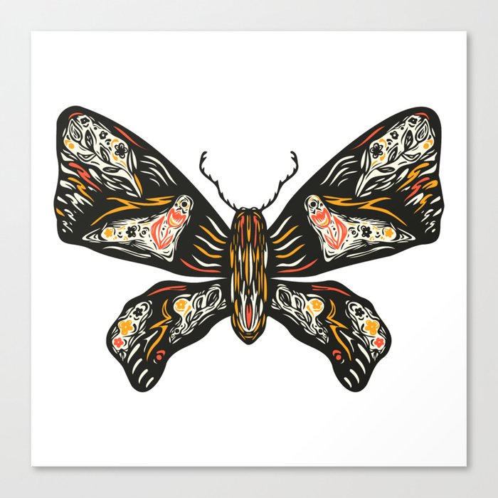Colorful Butterfly with colored ornament. Hand drawn linocut illustration Canvas Print