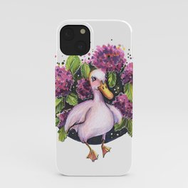 Cute duck in purple flowers hydrangea traditional illustration iPhone Case