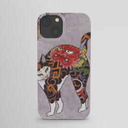 Antique Japanese Woodblock Print Cat with Flower Tattoos iPhone Case