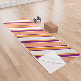 [ Thumbnail: Light Salmon, Purple, White, and Dark Orange Colored Stripes Pattern Yoga Towel ]