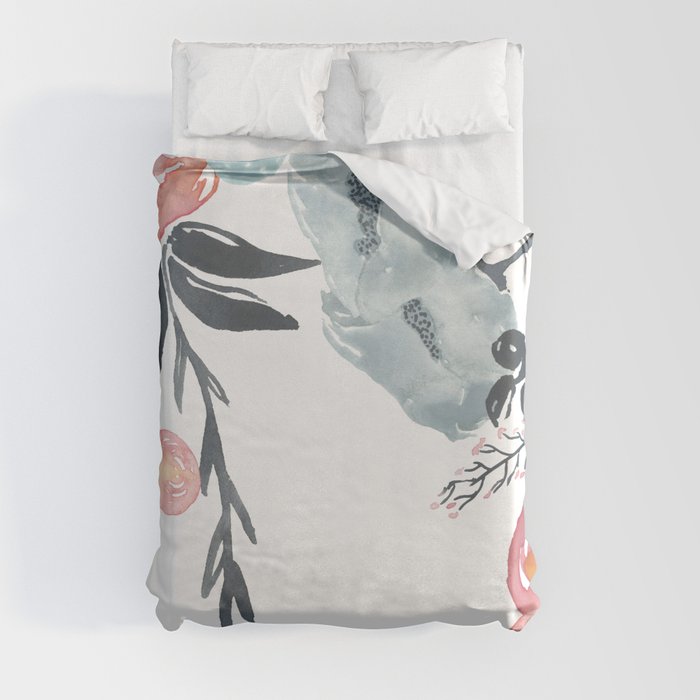 Navy Blush Floral Watercolor Duvet Cover