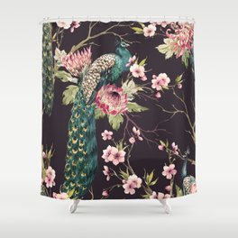 Watercolor pattern peacock on a tree cherry, flowering trees. protea flower, retro colors. tree branches. pink chrysanthemum Shower Curtain
